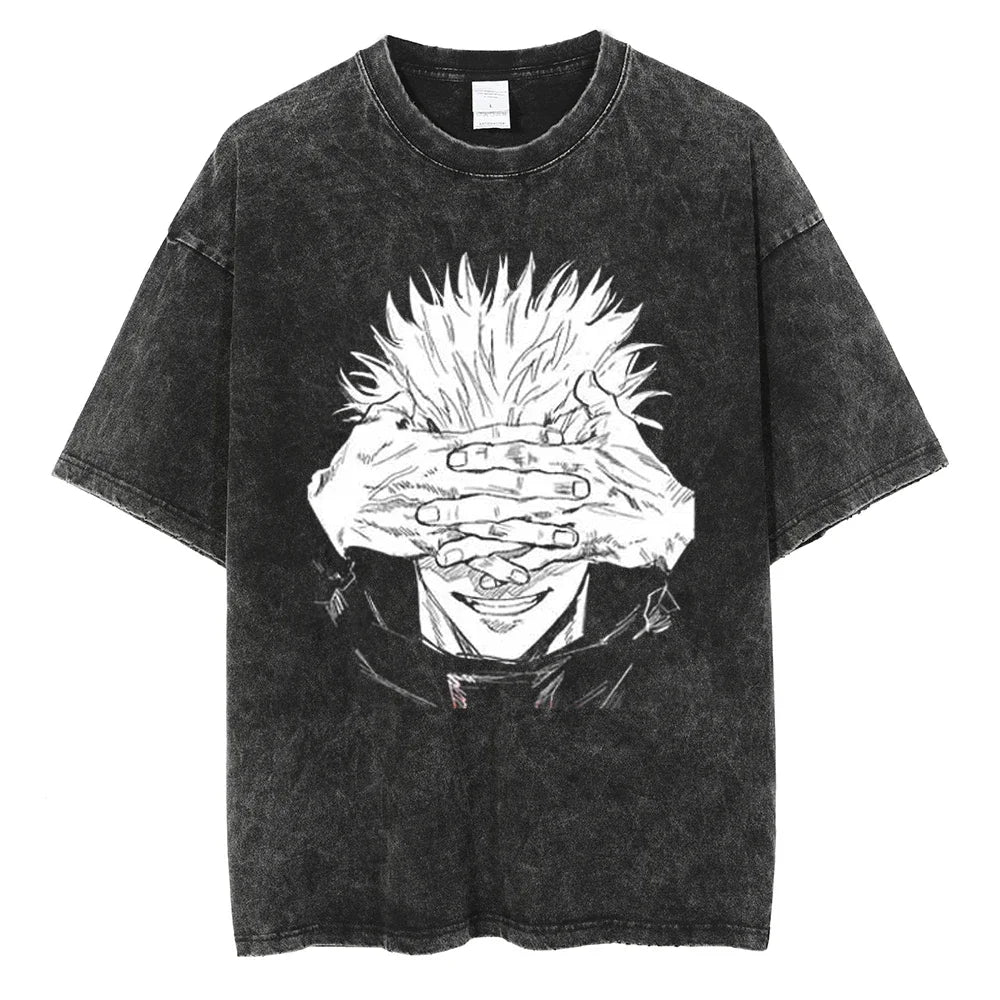 Y2K Harajuku Anime T-Shirt | Washed Black Streetwear Tee