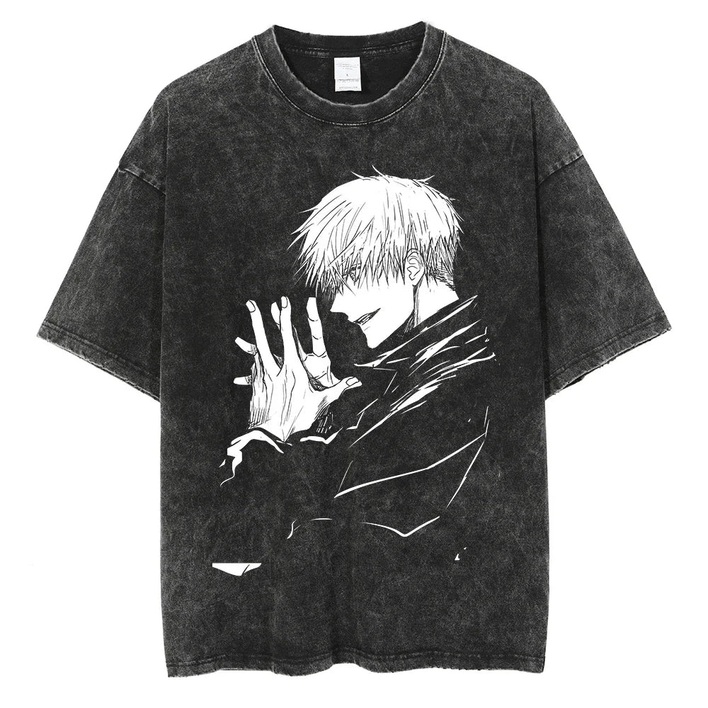 Y2K Harajuku Anime T-Shirt | Washed Black Streetwear Tee
