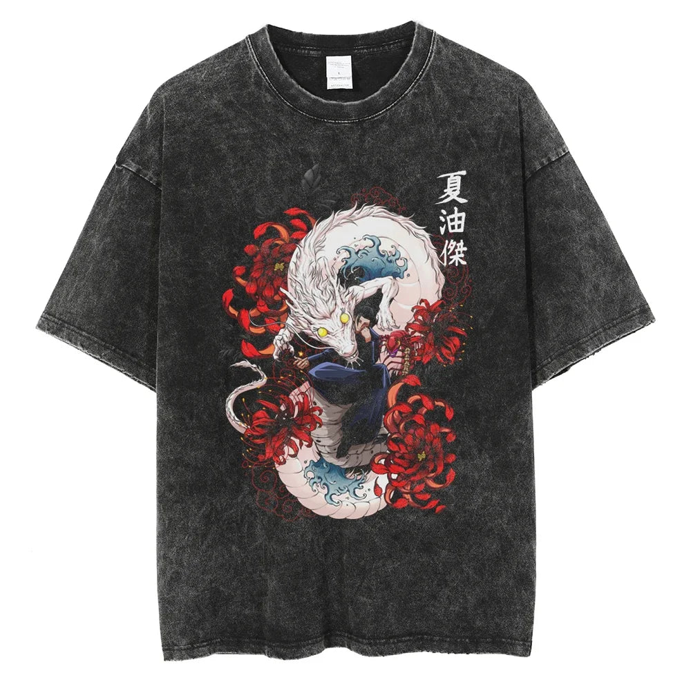 Y2K Harajuku Retro Anime T-Shirt | Washed Black Hip-Hop Tee