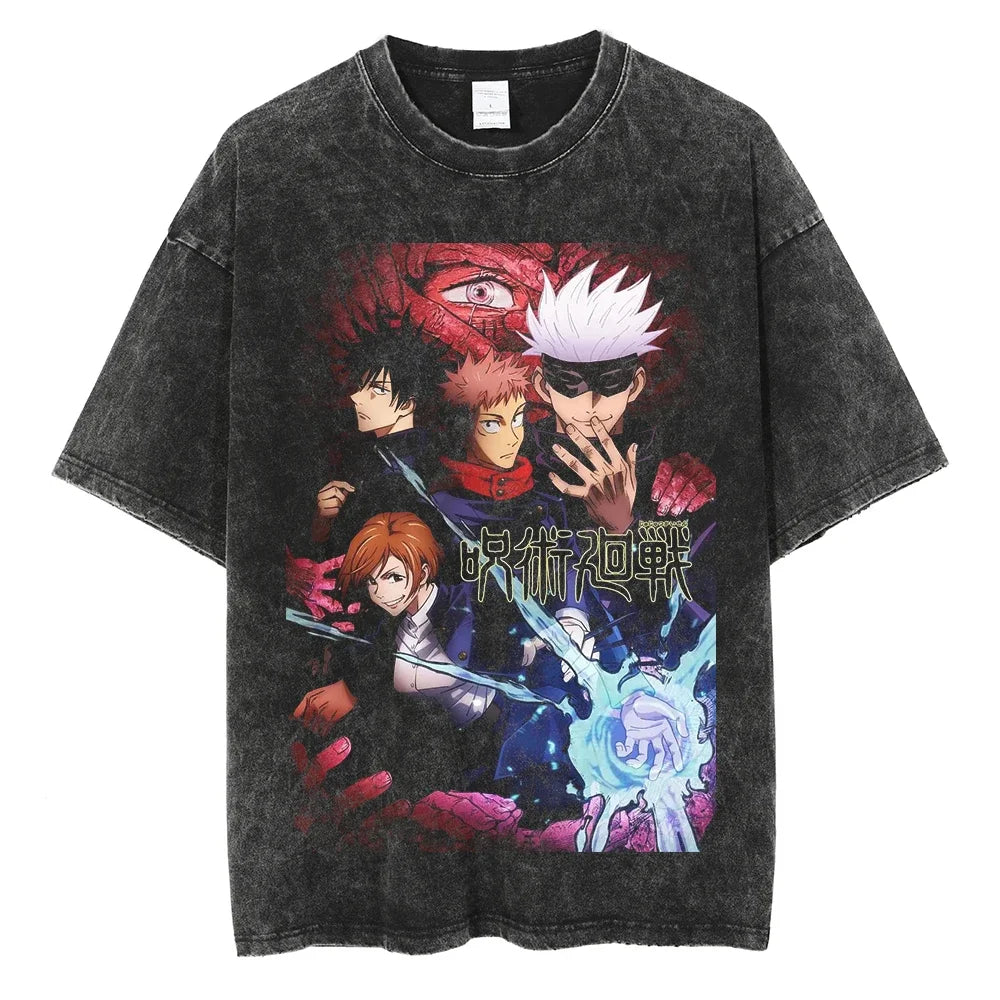 Y2K Harajuku Retro Anime T-Shirt | Washed Black Hip-Hop Tee