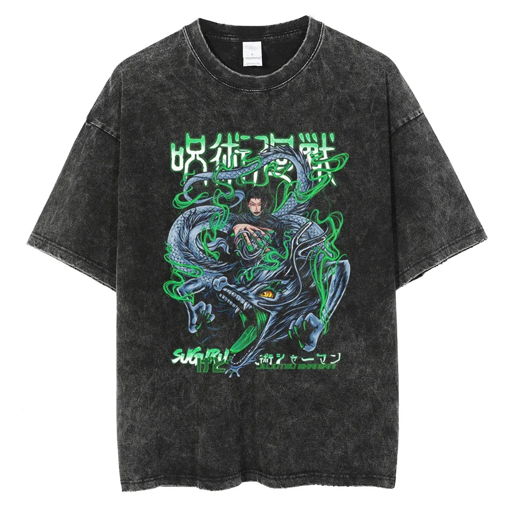 Y2K Harajuku Anime T-Shirt | Washed Black Streetwear Tee