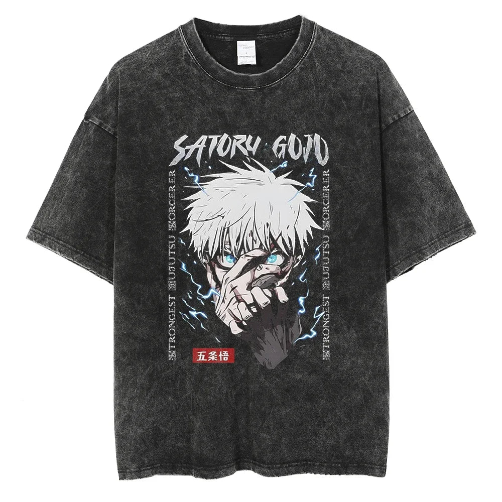 Y2K Harajuku Anime T-Shirt | Washed Black Streetwear Tee