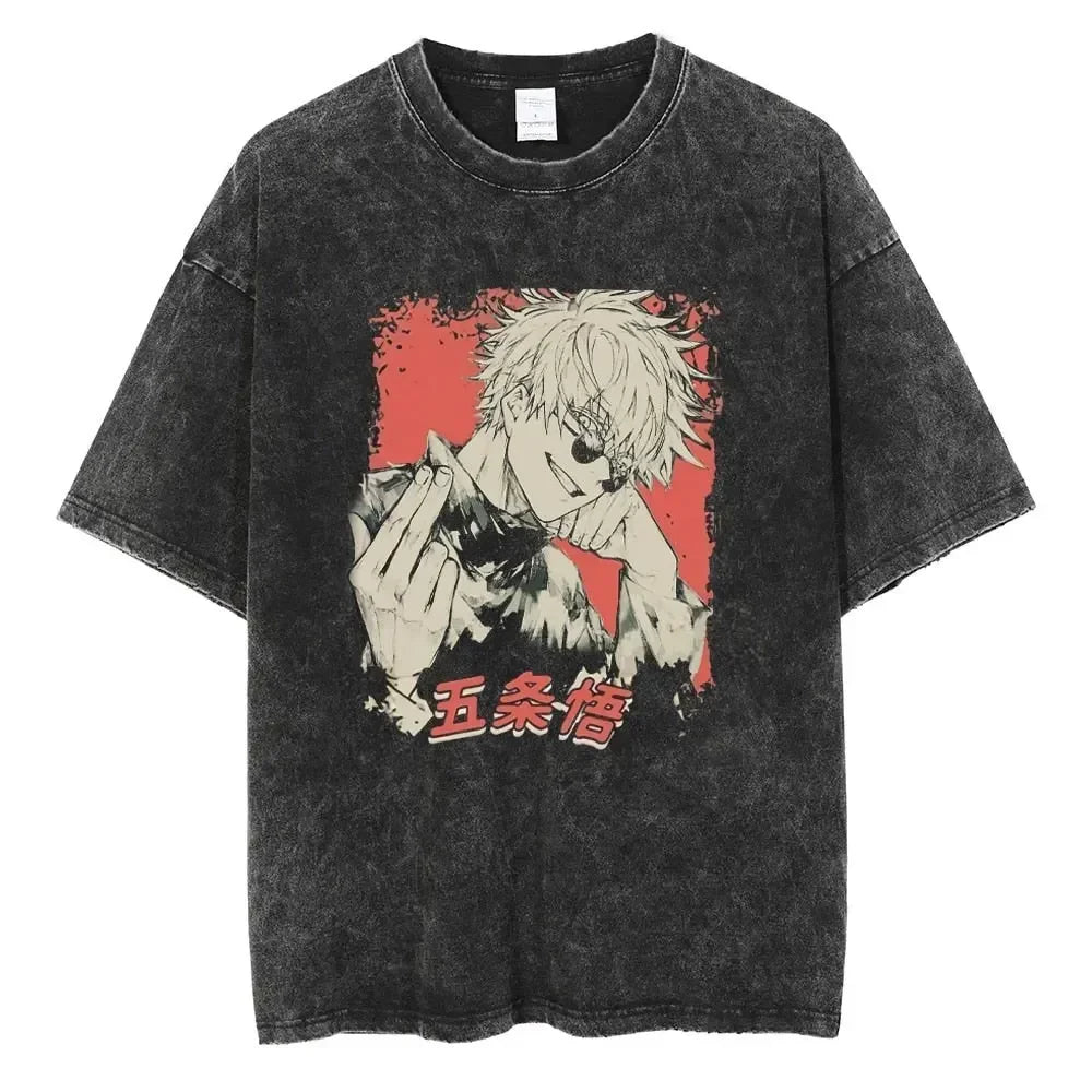 Y2K Harajuku Retro Anime T-Shirt | Washed Black Hip-Hop Tee
