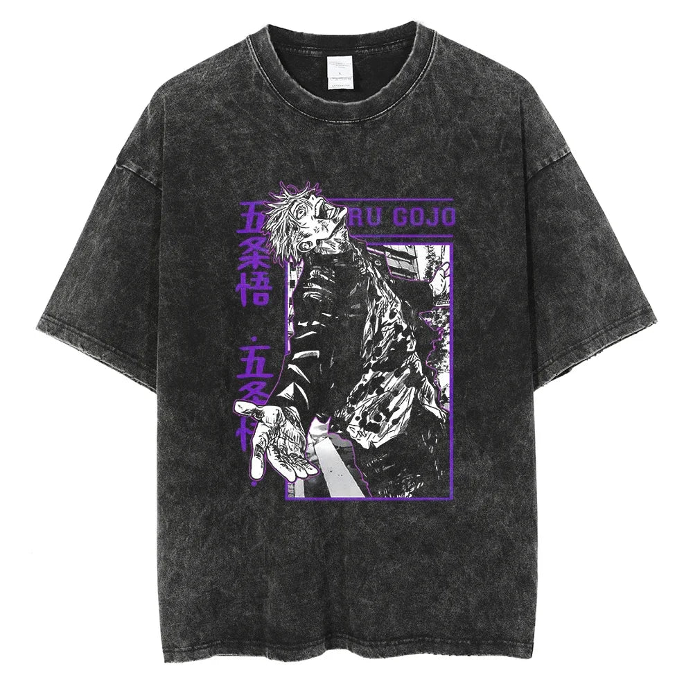 Y2K Harajuku Anime T-Shirt | Washed Black Streetwear Tee