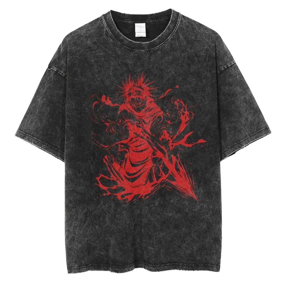 Y2K Harajuku Retro Anime T-Shirt | Washed Black Hip-Hop Tee