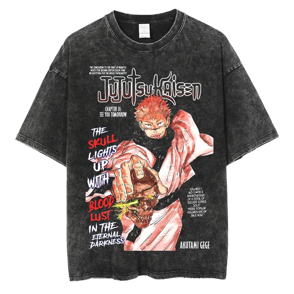 Y2K Harajuku Retro Anime T-Shirt | Washed Black Hip-Hop Tee