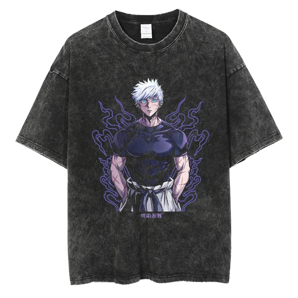 Y2K Harajuku Retro Anime T-Shirt | Washed Black Hip-Hop Tee
