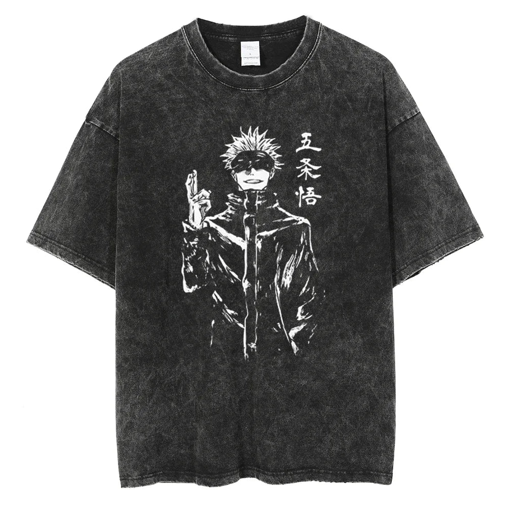 Y2K Harajuku Anime T-Shirt | Washed Black Streetwear Tee