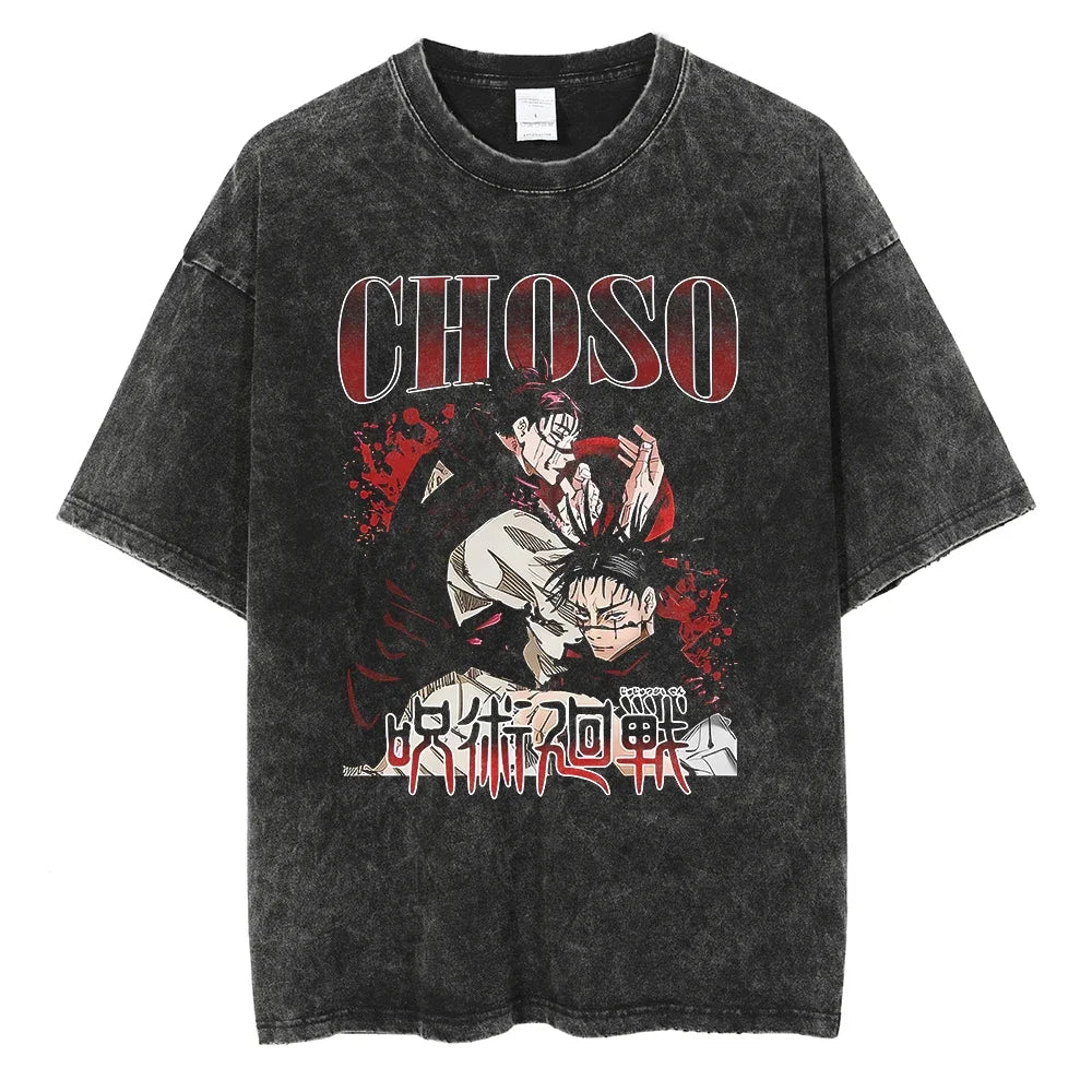 Y2K Harajuku Retro Anime T-Shirt | Washed Black Hip-Hop Tee