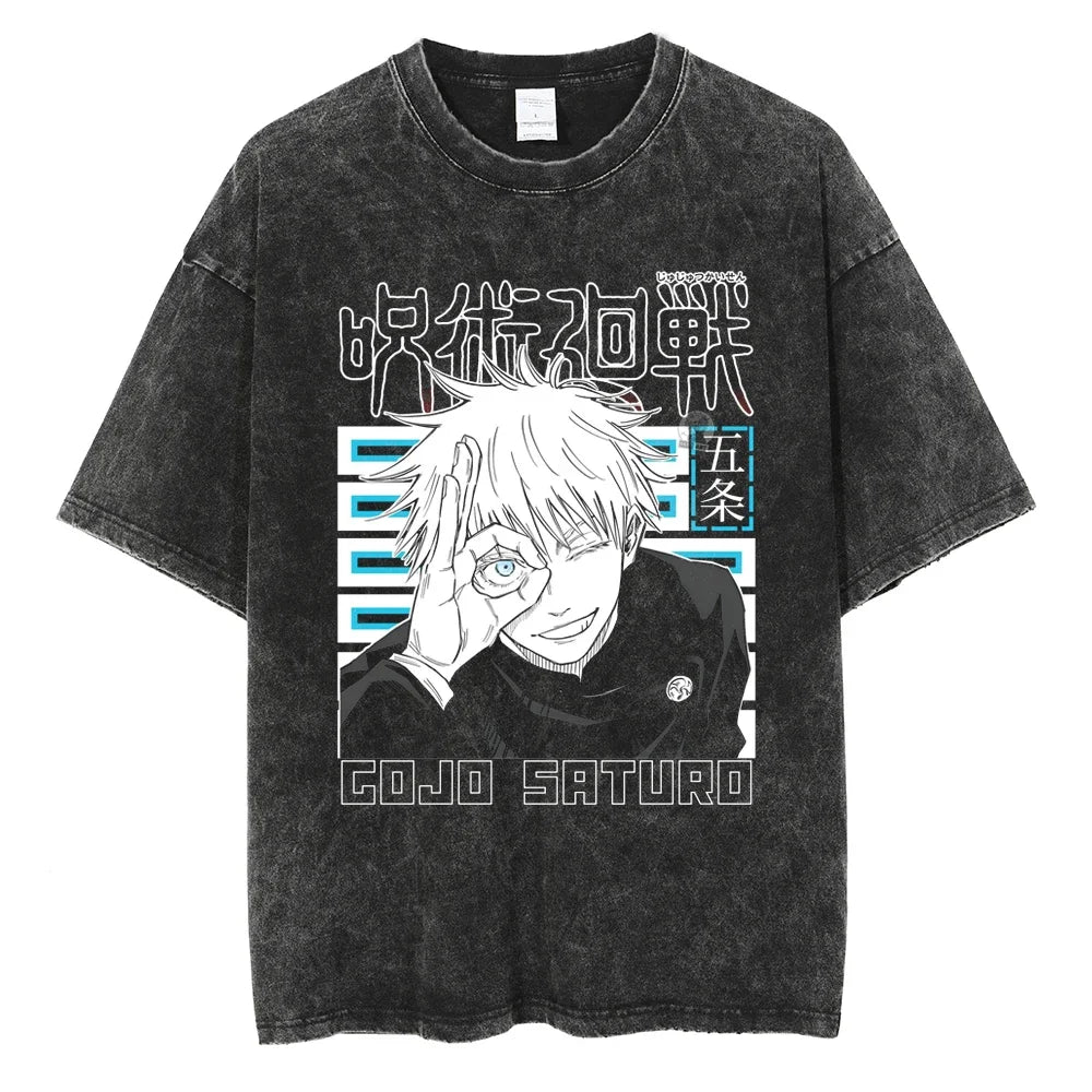 Y2K Harajuku Retro Anime T-Shirt | Washed Black Hip-Hop Tee