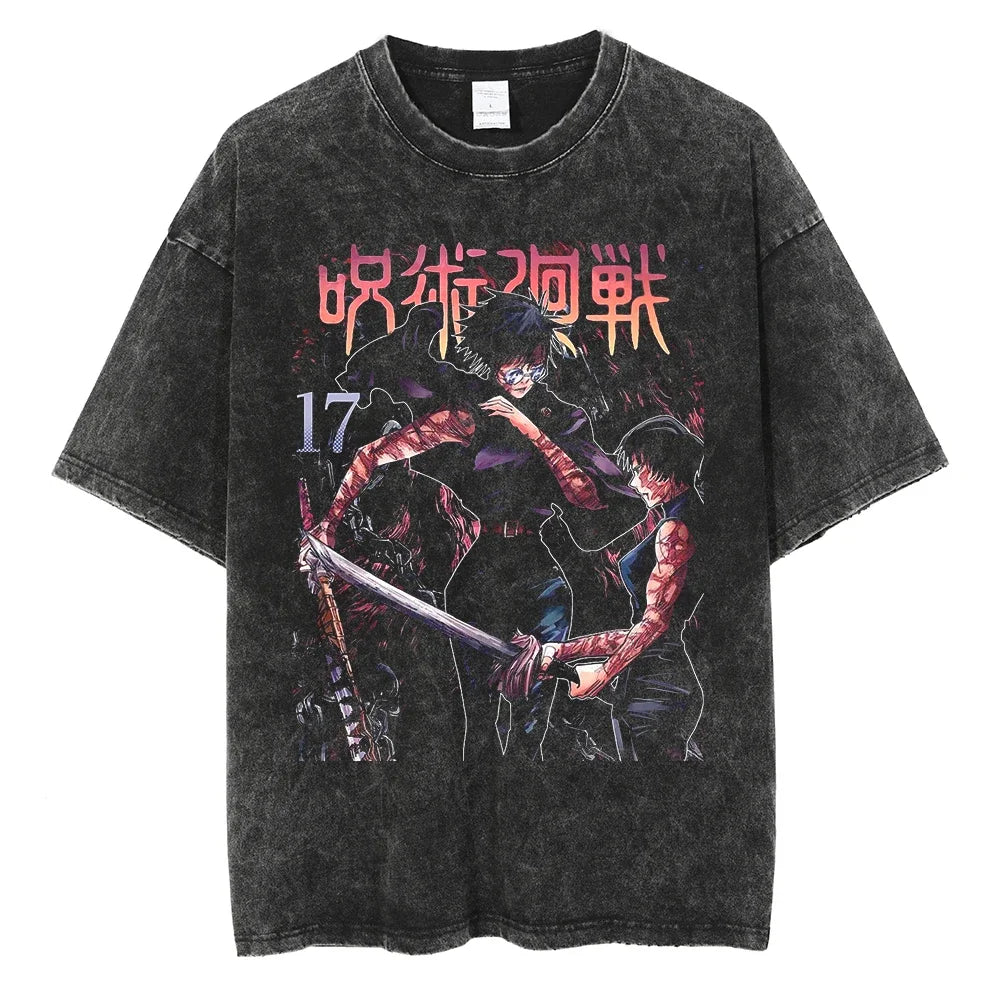 Y2K Harajuku Retro Anime T-Shirt | Washed Black Hip-Hop Tee