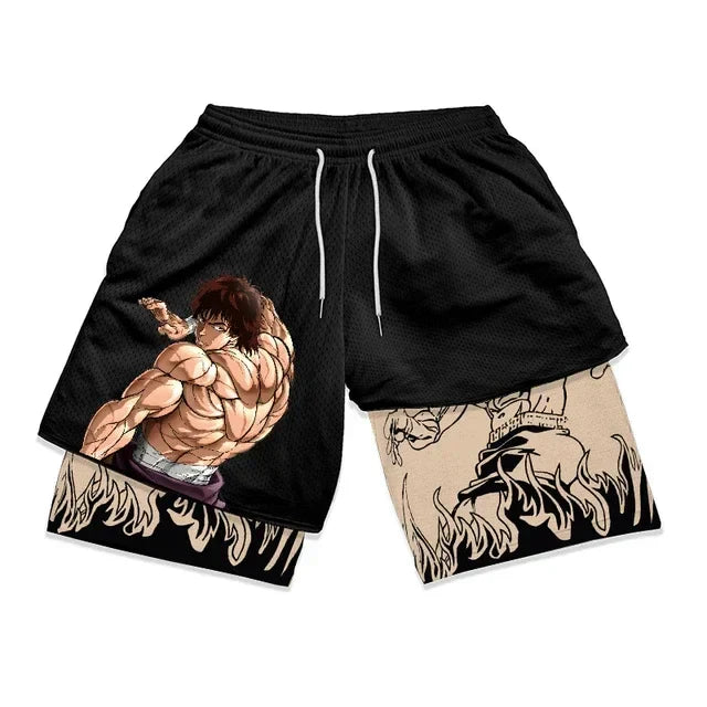 🏋️‍♂️ Baki Hanma Anime Gym Workout Shorts | Athletic 2-in-1 Compression Shorts for Men 🏃‍♂️