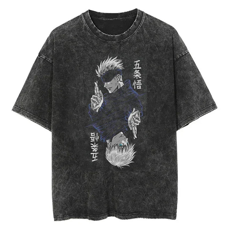 Y2K Harajuku Retro Anime T-Shirt | Washed Black Hip-Hop Tee